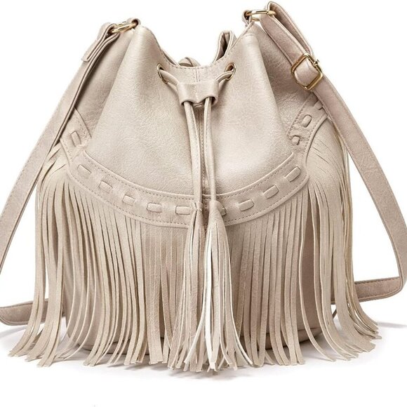 Leather Bucket Bags for Women Crossbody Fringe Purses with Drawstring Ladies Tas - Picture 1 of 6